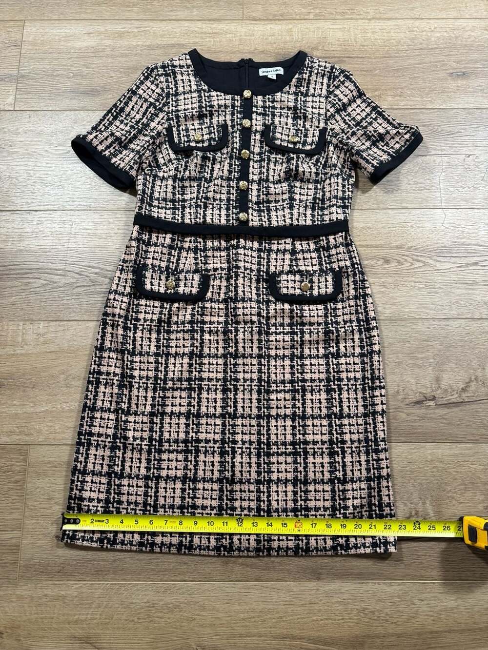 Shelby & Palmer Pink Black Plaid Tweed Sheath Dress Gold Button Trim Size 12 - Picture 13 of 16